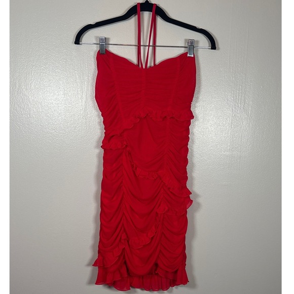 MAJORELLE Dresses & Skirts - Majorelle Red Ruched Ruffle Mesh Halter Mini Dress Sweetheart Neckline Womens M
